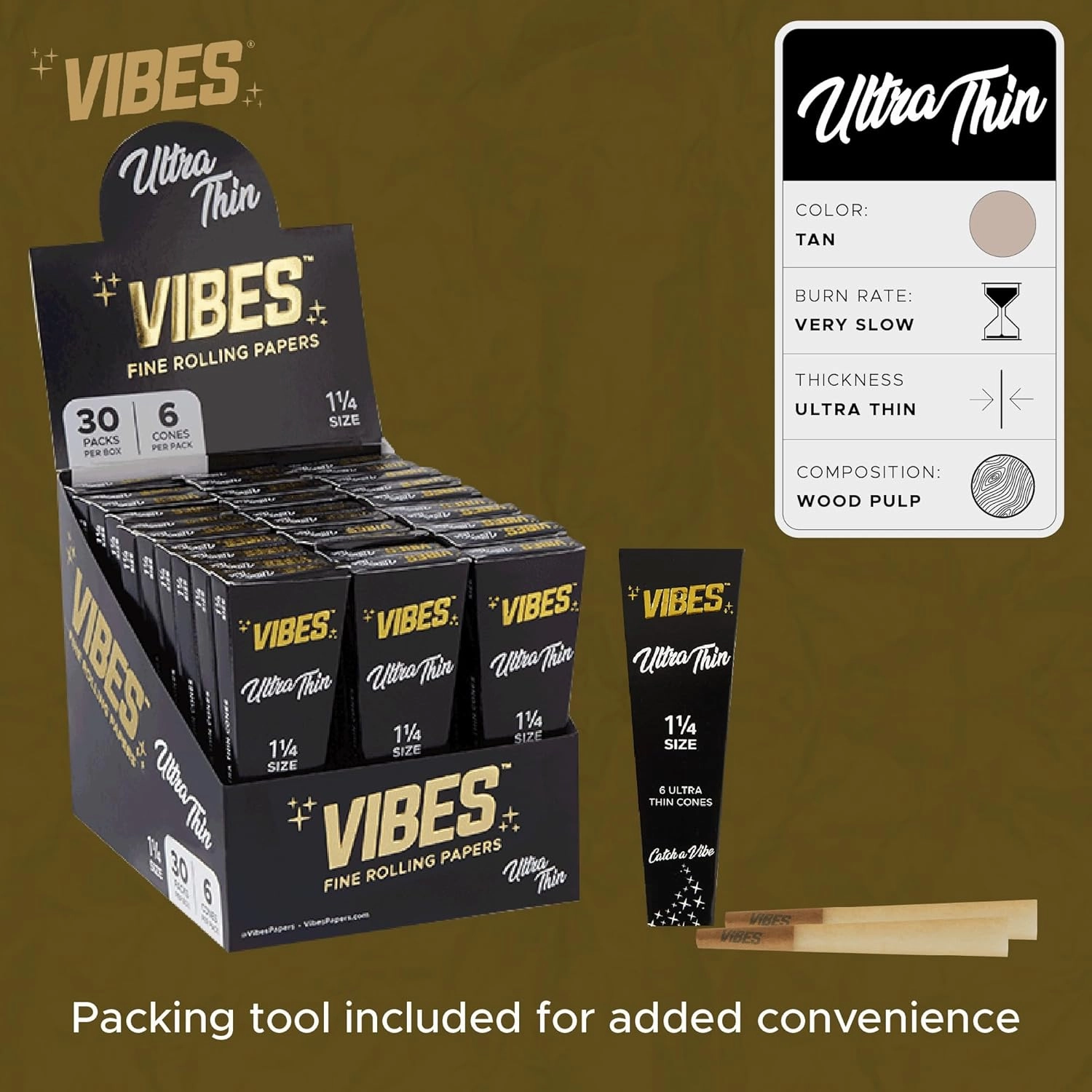 Vibes Ultra-Thin Pre-Rolled Cones (180 Cones) 1-1/4 Size, 30-Pack Display Box, Chlorine-Free Technology, and Convenient Packing Tool Included