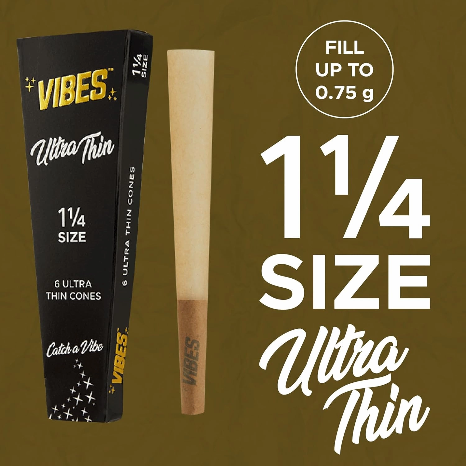 Vibes Ultra-Thin Pre-Rolled Cones (180 Cones) 1-1/4 Size, 30-Pack Display Box, Chlorine-Free Technology, and Convenient Packing Tool Included