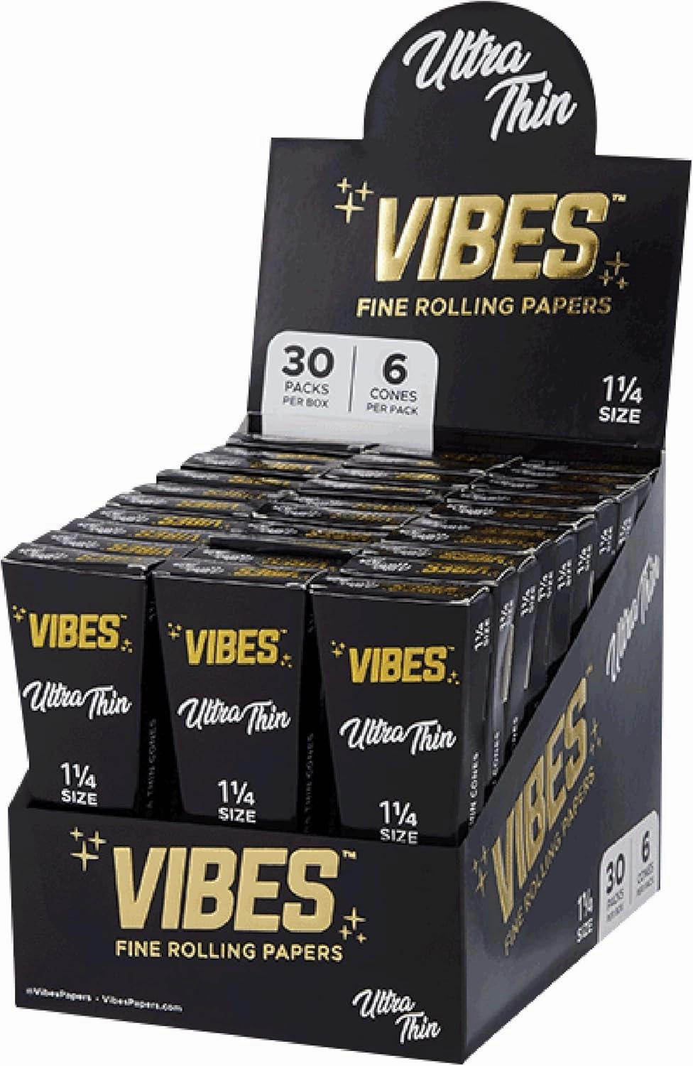 Vibes Ultra-Thin Pre-Rolled Cones (180 Cones) 1-1/4 Size, 30-Pack Display Box, Chlorine-Free Technology, and Convenient Packing Tool Included