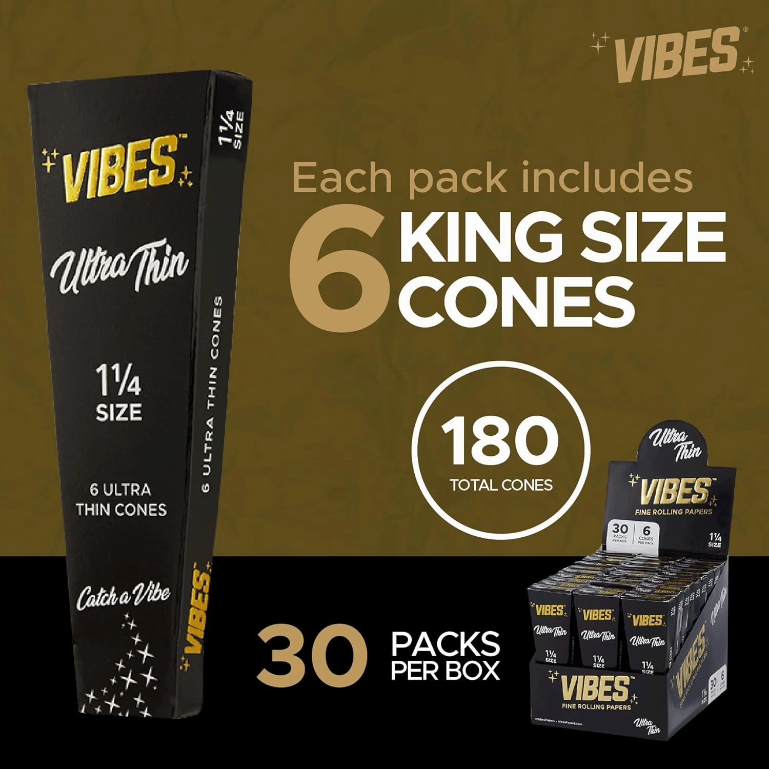 Vibes Ultra-Thin Pre-Rolled Cones (180 Cones) 1-1/4 Size, 30-Pack Display Box, Chlorine-Free Technology, and Convenient Packing Tool Included