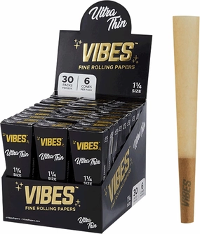 Vibes Ultra-Thin Pre-Rolled Cones (180 Cones) 1-1/4 Size, 30-Pack Display Box, Chlorine-Free Technology, and Convenient Packing Tool Included