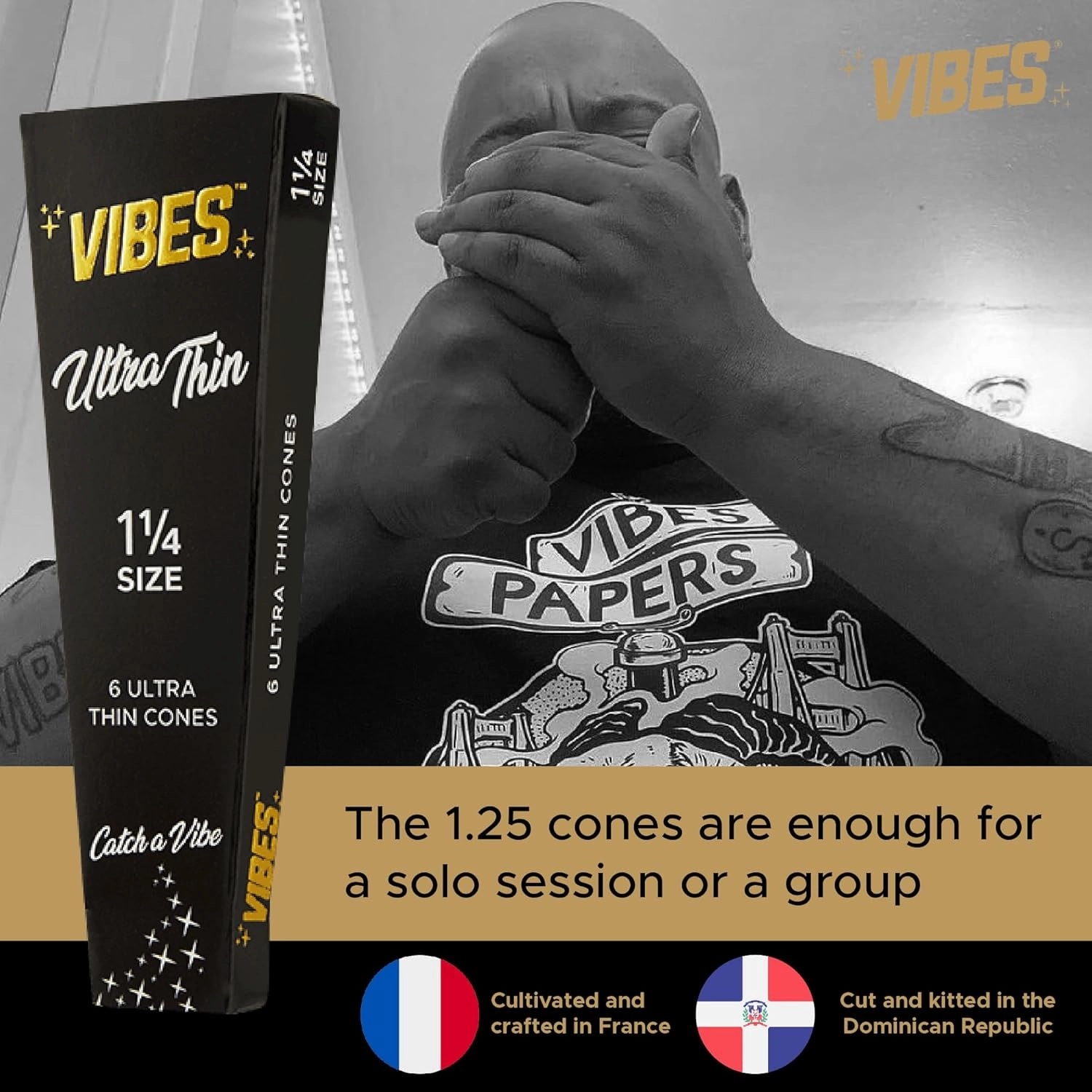 Vibes Ultra-Thin Pre-Rolled Cones (180 Cones) 1-1/4 Size, 30-Pack Display Box, Chlorine-Free Technology, and Convenient Packing Tool Included