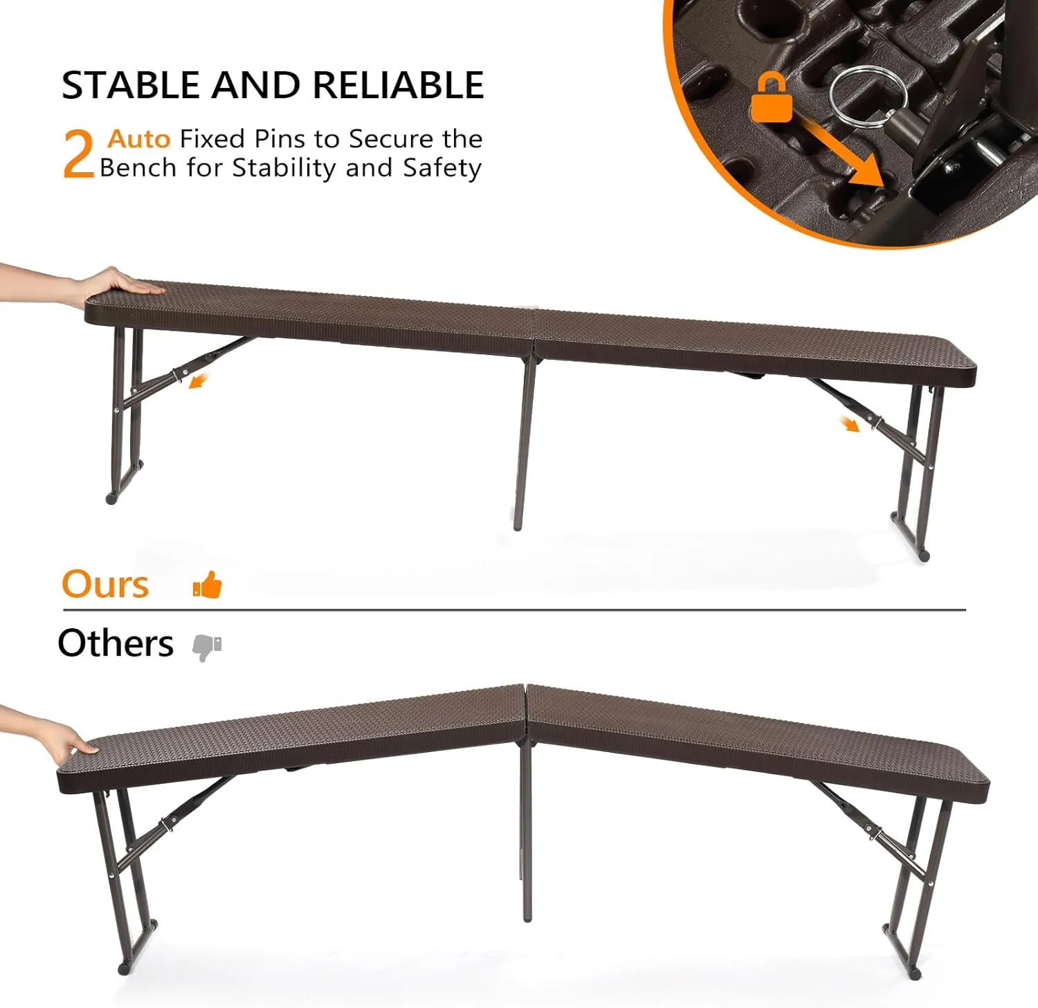 VINGLI 6 feet Plastic Folding Bench,Portable in/Outdoor Picnic Party Camping Dining Seat, Garden Soccer Multipurpose Entertaining Activities, Rattan Patterned HDPE Tabletop, 2 Pack, Brown