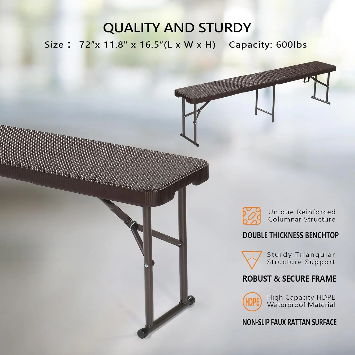 VINGLI 6 feet Plastic Folding Bench,Portable in/Outdoor Picnic Party Camping Dining Seat, Garden Soccer Multipurpose Entertaining Activities, Rattan Patterned HDPE Tabletop, 2 Pack, Brown