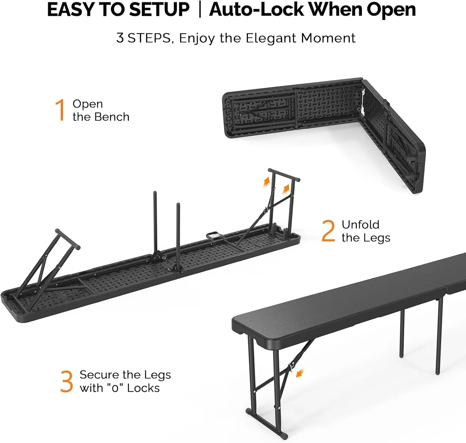 VINGLI 6 feet Plastic Folding Bench,Portable in/Outdoor Picnic Party Camping Dining Seat, Garden Soccer Multipurpose Entertaining Activities, Tree Patterned HDPE Tabletop, 2 Pack, Black