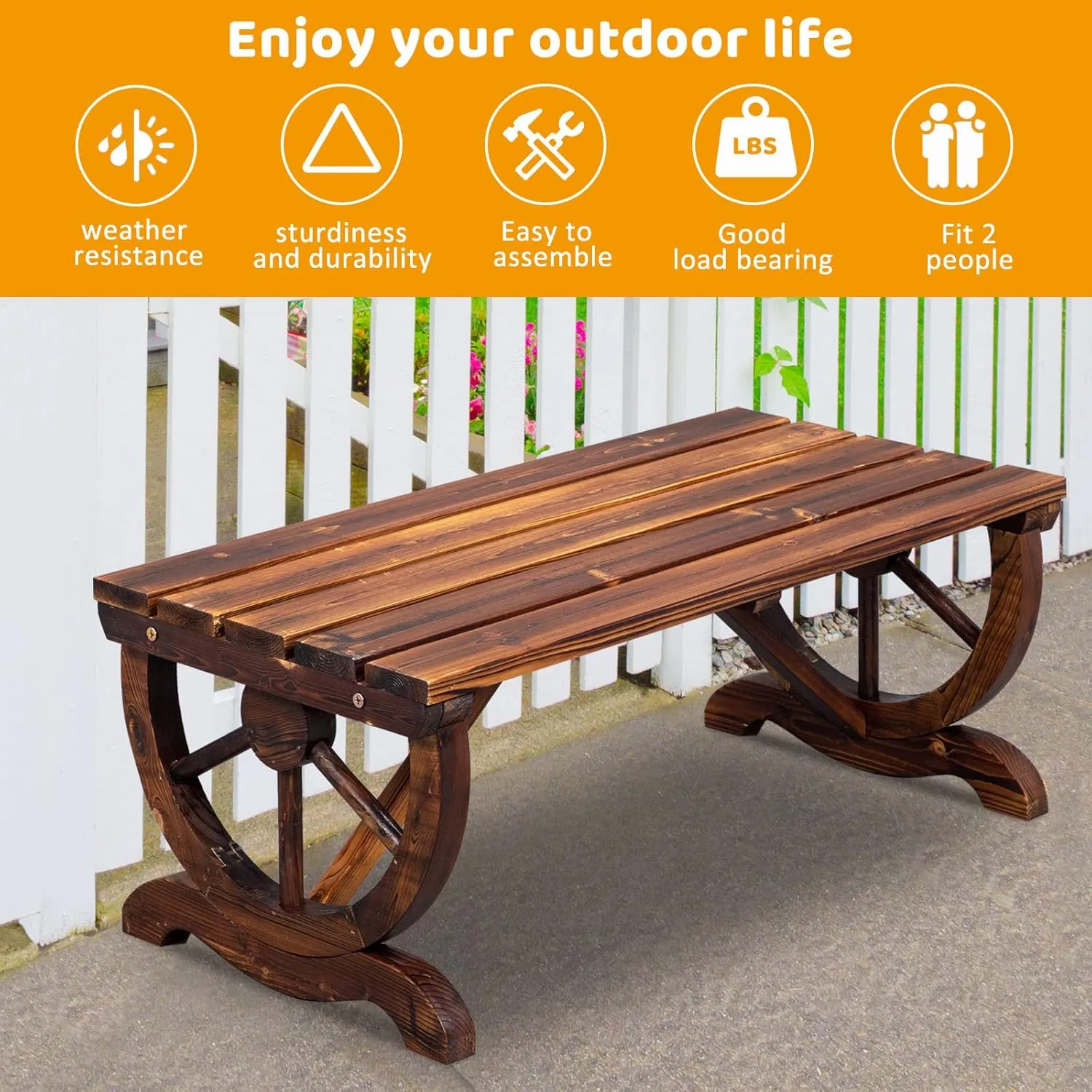 VINGLI Outdoor Rustic Wooden Bench with Wagon Wheel Legs, 2 People Outdoor Benches Garden Bench Front Porch Furniture Patio Lawn Yard Park, Indoor and Ourdoor Decor