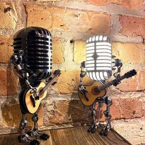 Vintage Guitar Microphone Lamp - Retro Musical Decor Robot Light