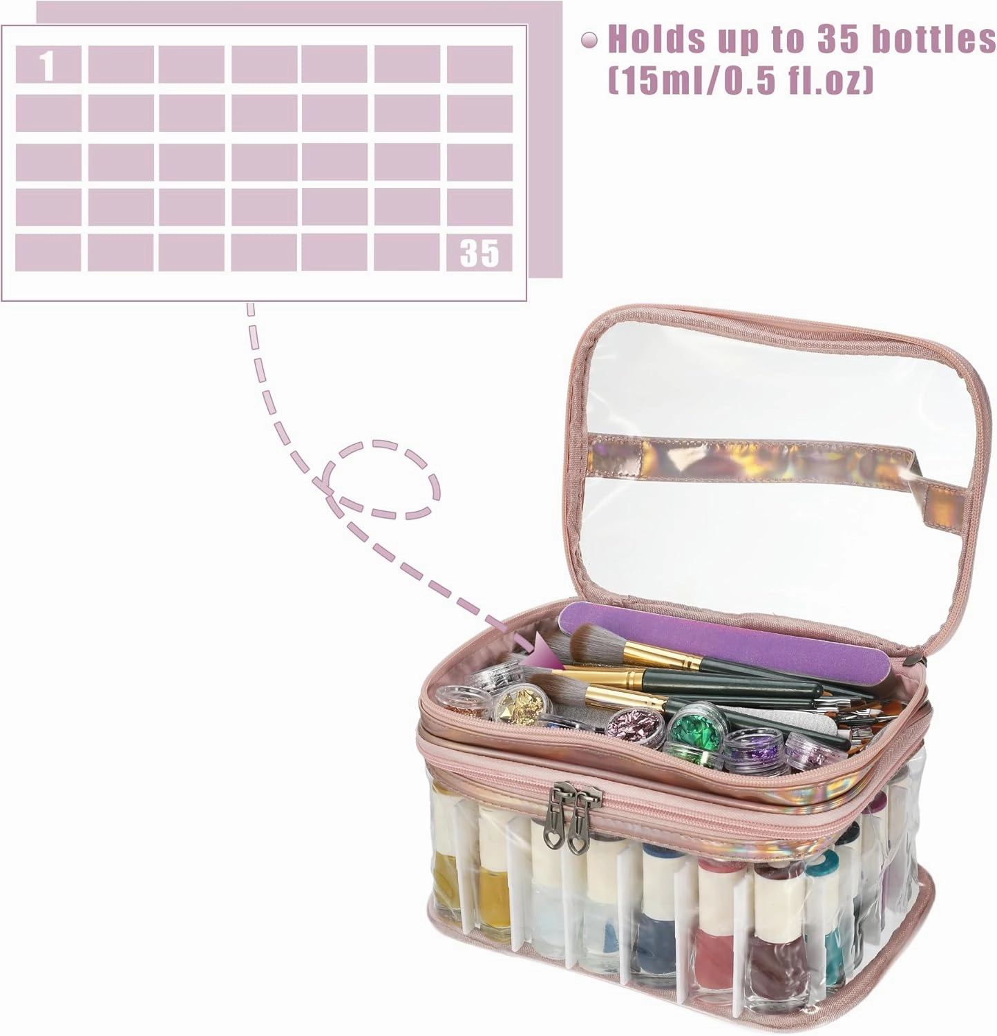 VOCOSTE Nail Bag - Pink Carrying Case for 35 Bottles, Art Organizer & Travel Storage