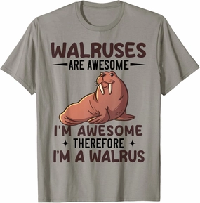 Walruses Are Awesome I'm Awesome T-Shirt - Unisex-Adults/Kids - Grey - Cartoon Walrus Graphic - Classic Fit - Short Sleeve - Pull On - Crew Neck - Small