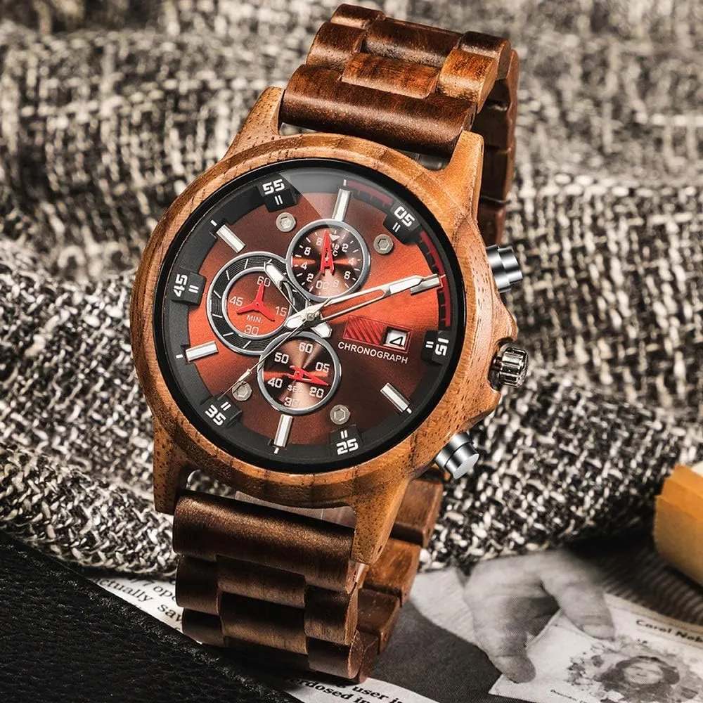 WASTIME Wooden Watch for Men Women, Stylish Chronograph Military Casual Calendar Wood Watches