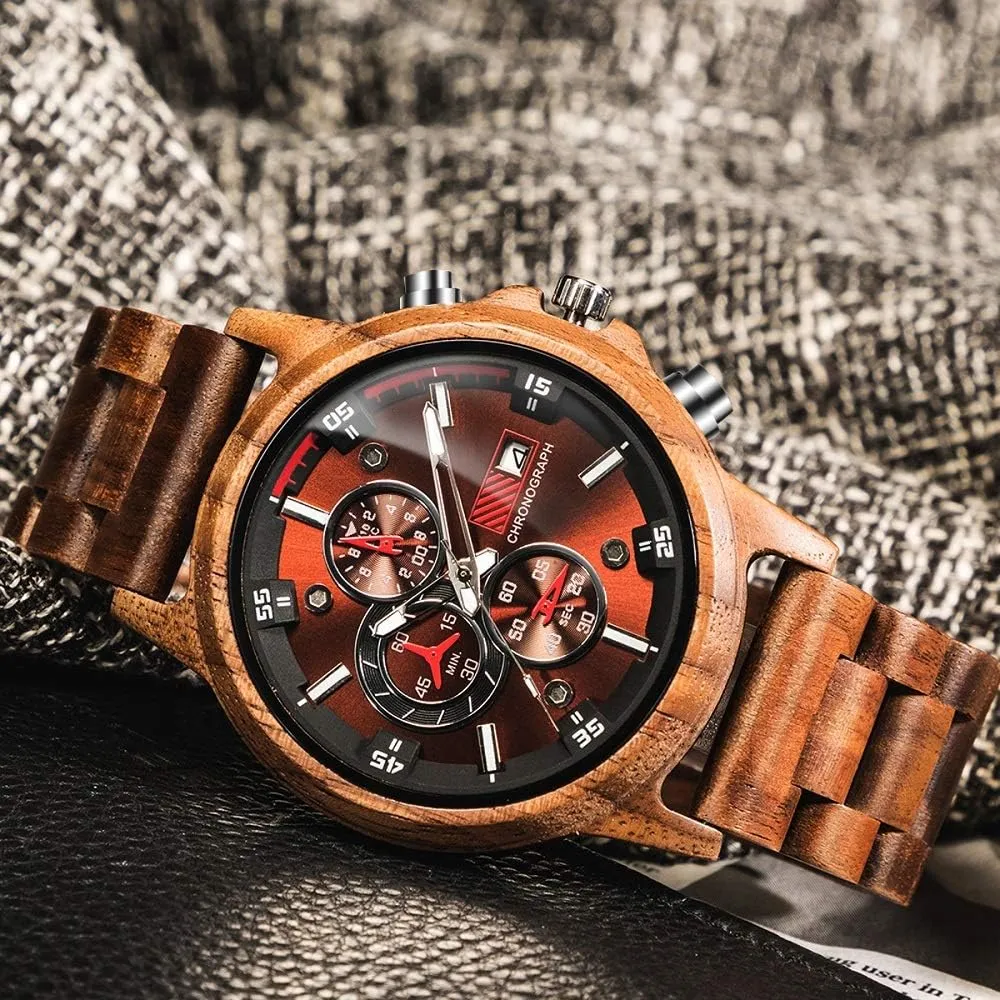 WASTIME Wooden Watch for Men Women, Stylish Chronograph Military Casual Calendar Wood Watches