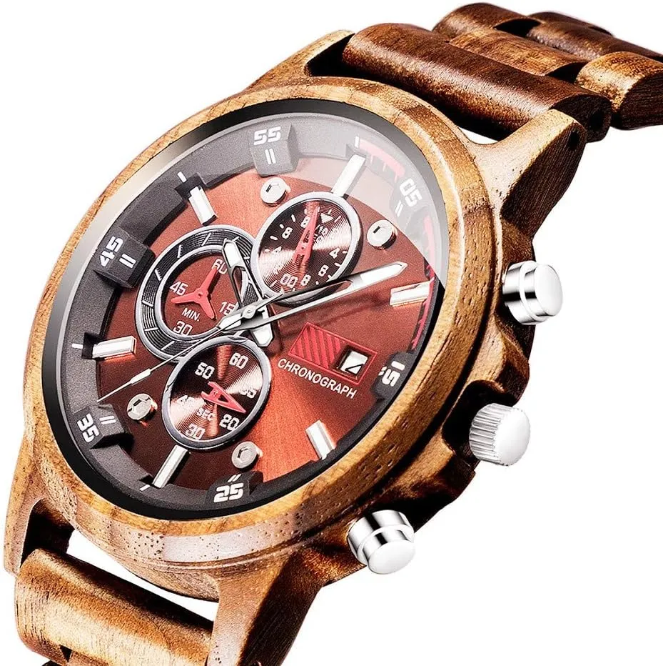 WASTIME Wooden Watch for Men Women, Stylish Chronograph Military Casual Calendar Wood Watches