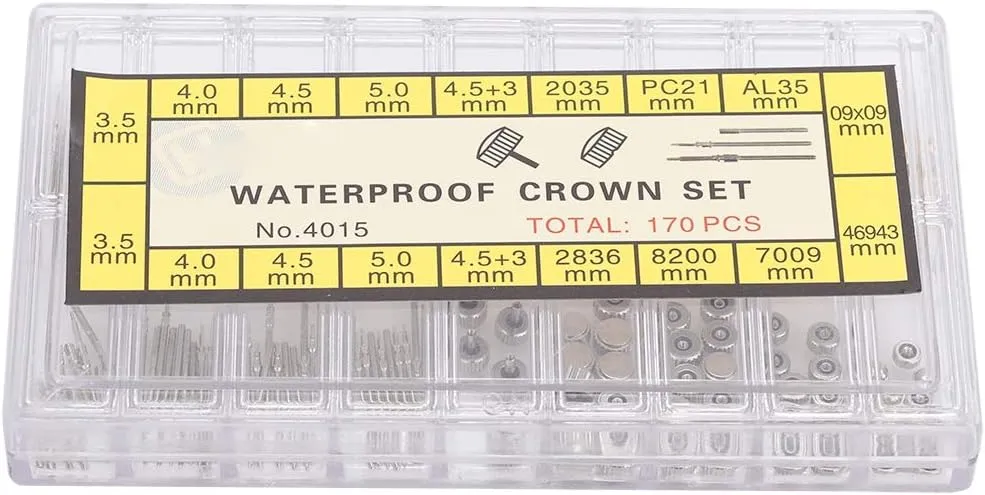 Watch Crown, Stainless Steel Watch Stem Crown Spring Bar Set Watches Repair Accessory Kit Watch Crown Replacement Parts w/Storage Box for Watch Repairing