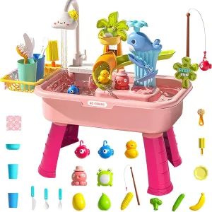 Water Table for Toddlers,4-in-1 Kids Water Play Table, Play Sink with Detachable Legs,Kids Kitchen Playset Sink Toy for Girl and Boy(Pink)