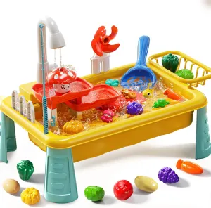 Water Table Toy for Kids 2 3 4 5 6 Years Old - Outdoor Kitchen Toys Set with Electrical Faucet, Toddler Fishing Games, Summer Beach Sensory Water Play Table, Gifts for Boy Girl 2  3-5(Yellow)