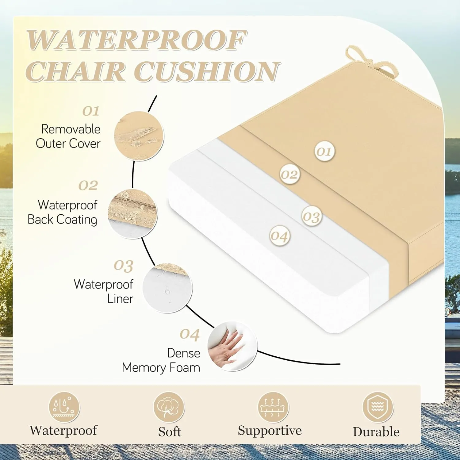 Waterproof Outdoor Chair Cushions Set of 2, Square Outdoor Seat Cushions with Ties and Removable Covers, 24 x 24 Outdoor Cushions for Patio Furniture with Portable Handle(Beige)