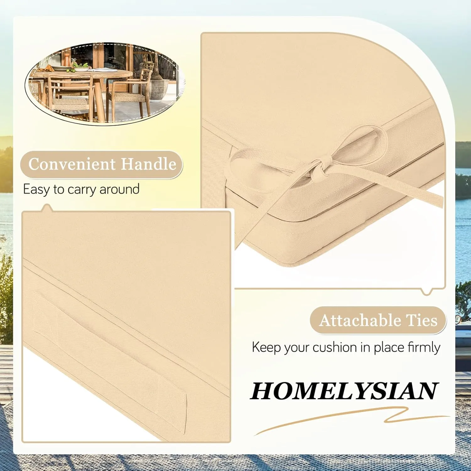 Waterproof Outdoor Chair Cushions Set of 2, Square Outdoor Seat Cushions with Ties and Removable Covers, 24 x 24 Outdoor Cushions for Patio Furniture with Portable Handle(Beige)