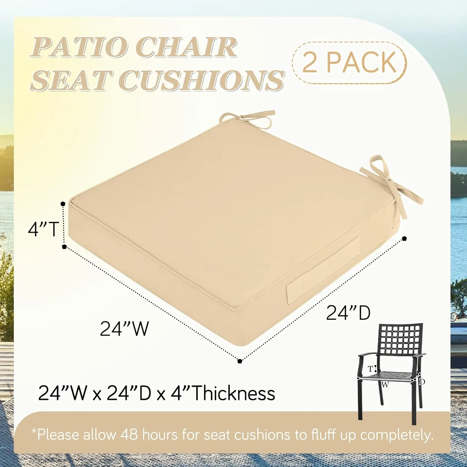 Waterproof Outdoor Chair Cushions Set of 2, Square Outdoor Seat Cushions with Ties and Removable Covers, 24 x 24 Outdoor Cushions for Patio Furniture with Portable Handle(Beige)