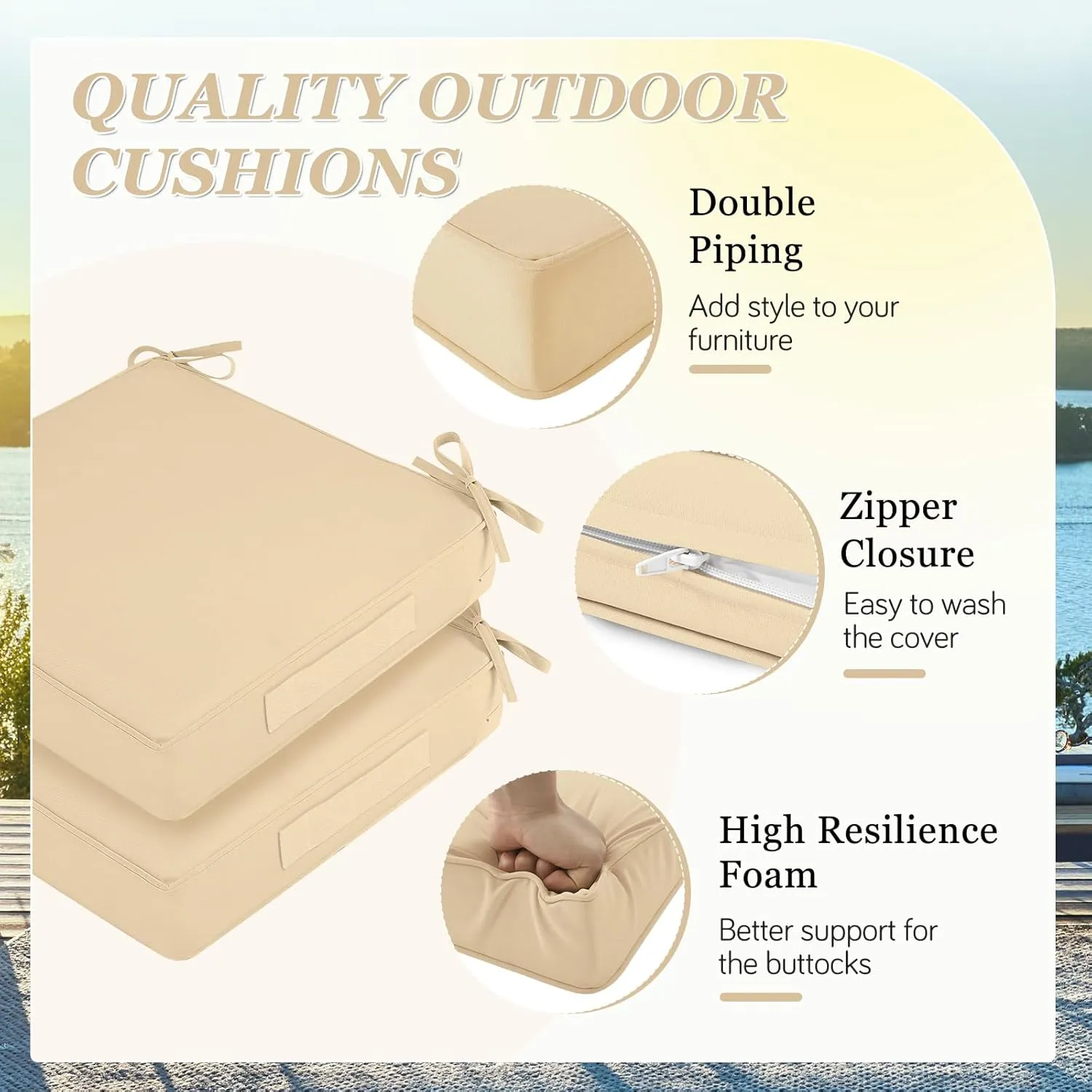 Waterproof Outdoor Chair Cushions Set of 2, Square Outdoor Seat Cushions with Ties and Removable Covers, 24 x 24 Outdoor Cushions for Patio Furniture with Portable Handle(Beige)