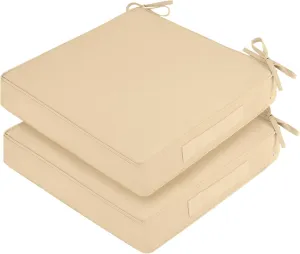 Waterproof Outdoor Chair Cushions Set of 2, Square Outdoor Seat Cushions with Ties and Removable Covers, 24 x 24 Outdoor Cushions for Patio Furniture with Portable Handle(Beige)