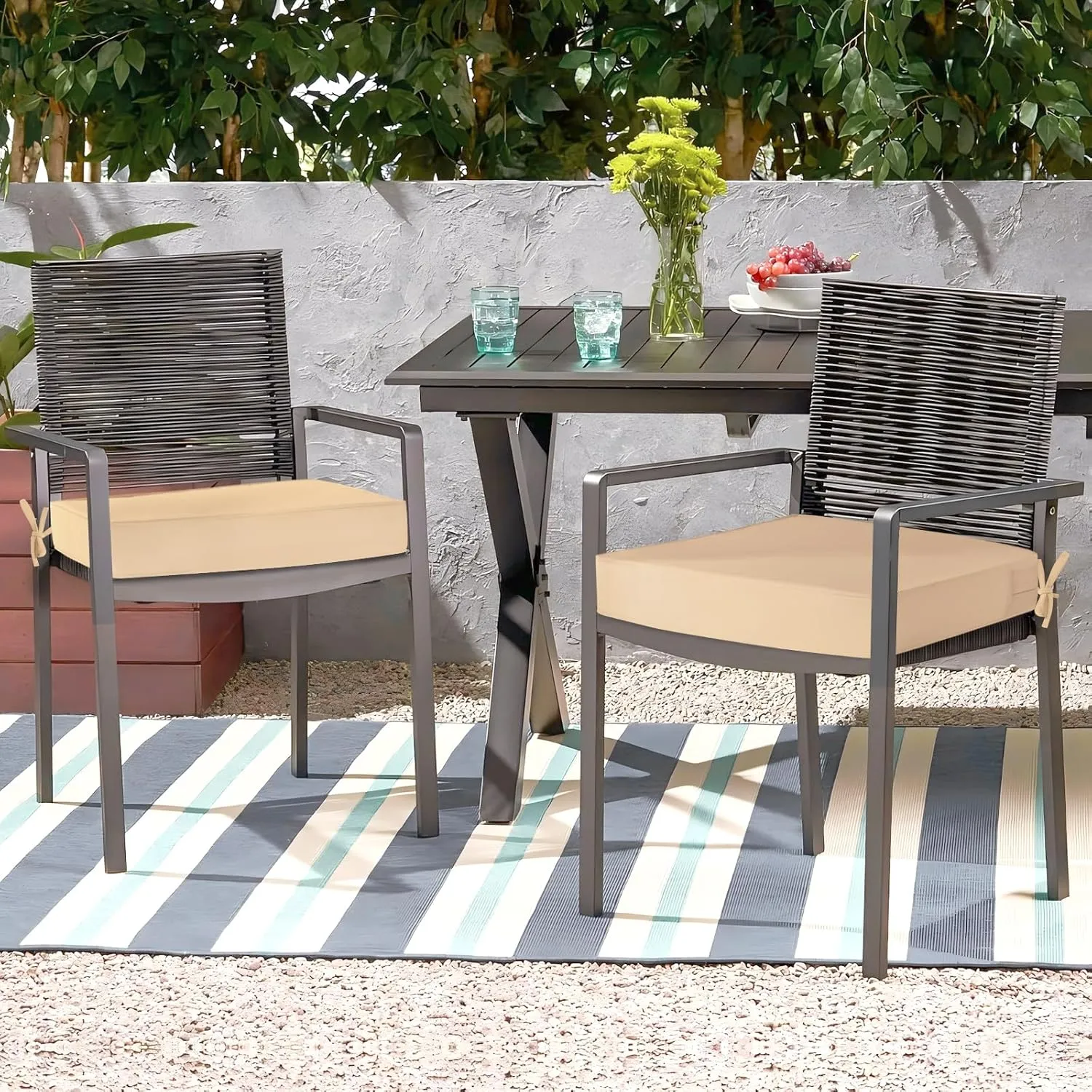 Waterproof Outdoor Chair Cushions Set of 2, Square Outdoor Seat Cushions with Ties and Removable Covers, 24 x 24 Outdoor Cushions for Patio Furniture with Portable Handle(Beige)