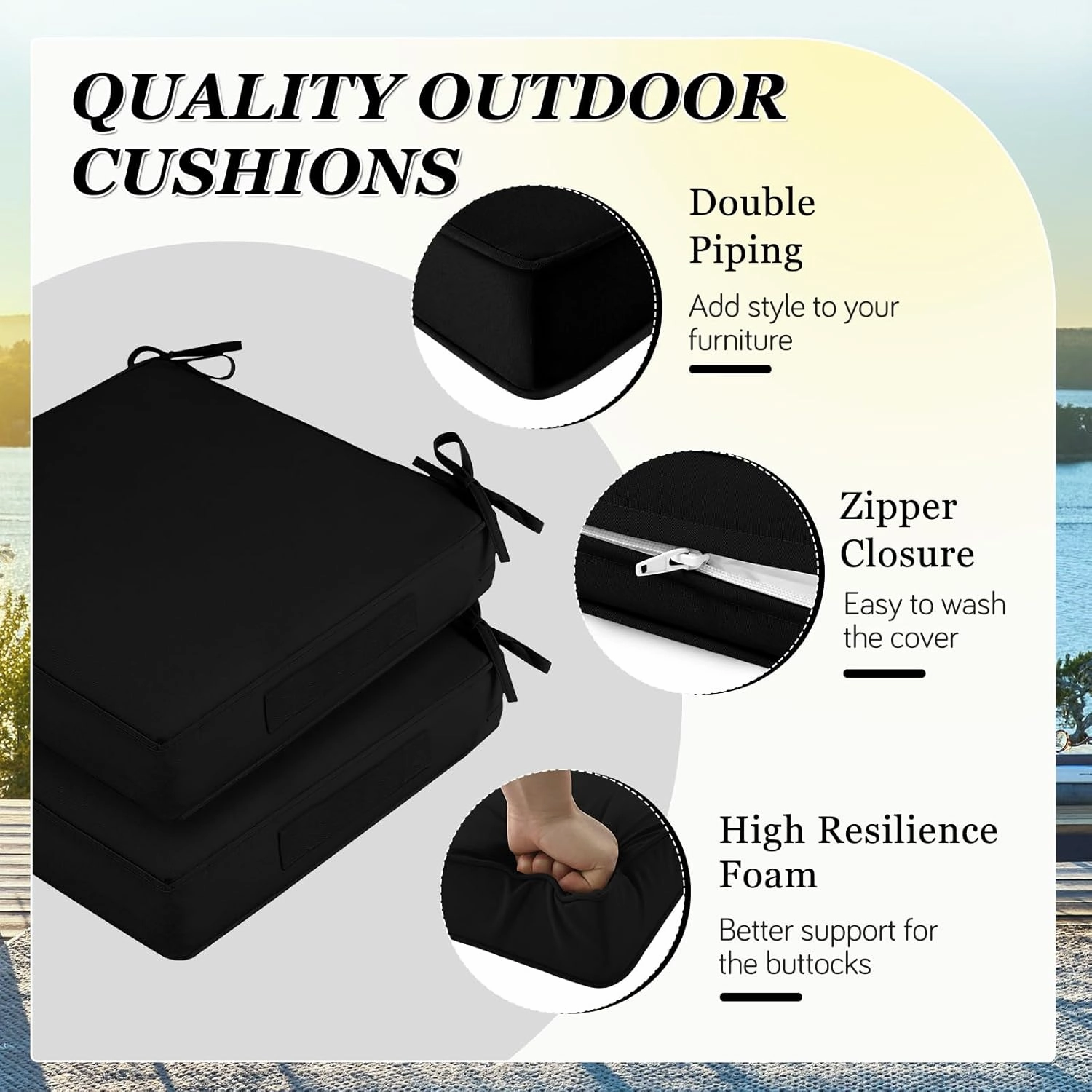 Waterproof Outdoor Chair Cushions Set of 2, Square Outdoor Seat Cushions with Ties and Removable Covers, 24 x 24 Outdoor Cushions for Patio Furniture with Portable Handle(Black)