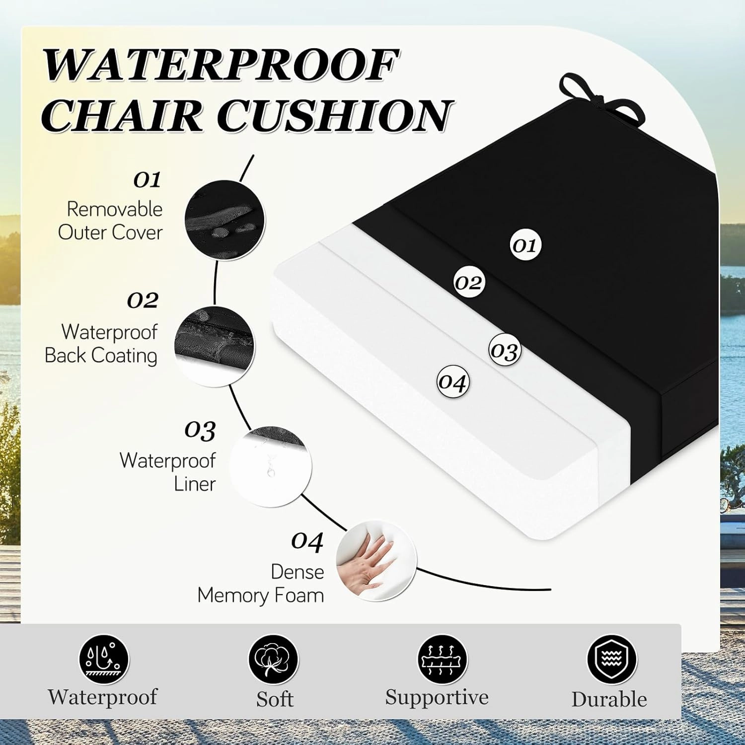 Waterproof Outdoor Chair Cushions Set of 2, Square Outdoor Seat Cushions with Ties and Removable Covers, 24 x 24 Outdoor Cushions for Patio Furniture with Portable Handle(Black)