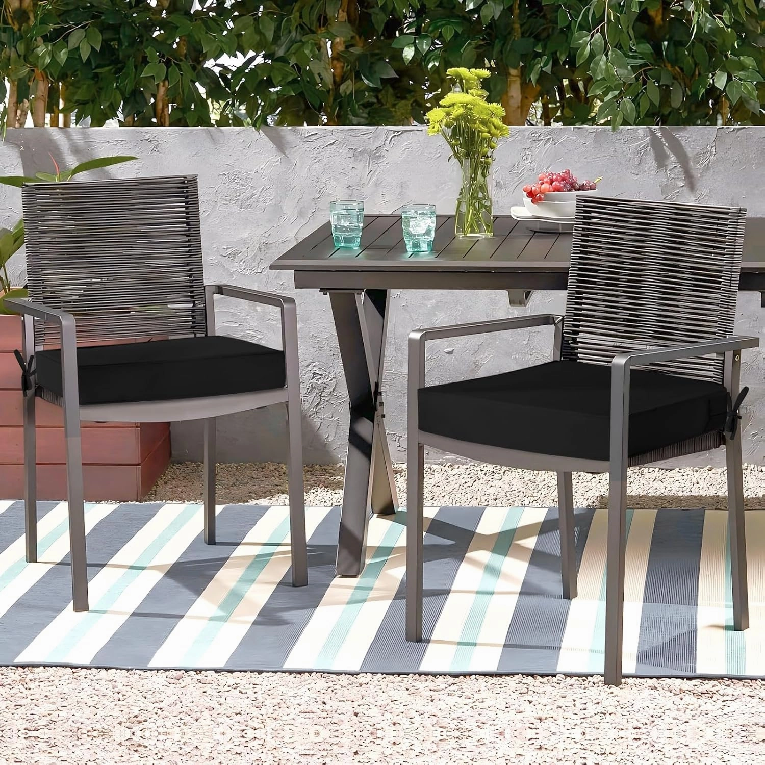 Waterproof Outdoor Chair Cushions Set of 2, Square Outdoor Seat Cushions with Ties and Removable Covers, 24 x 24 Outdoor Cushions for Patio Furniture with Portable Handle(Black)