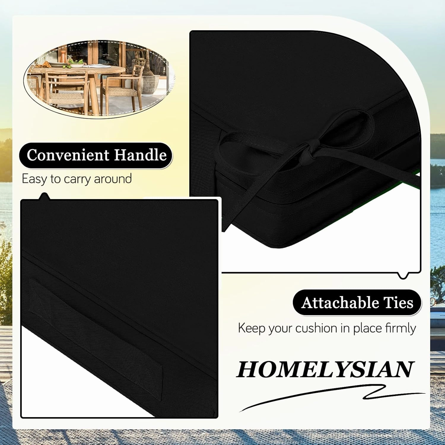 Waterproof Outdoor Chair Cushions Set of 2, Square Outdoor Seat Cushions with Ties and Removable Covers, 24 x 24 Outdoor Cushions for Patio Furniture with Portable Handle(Black)