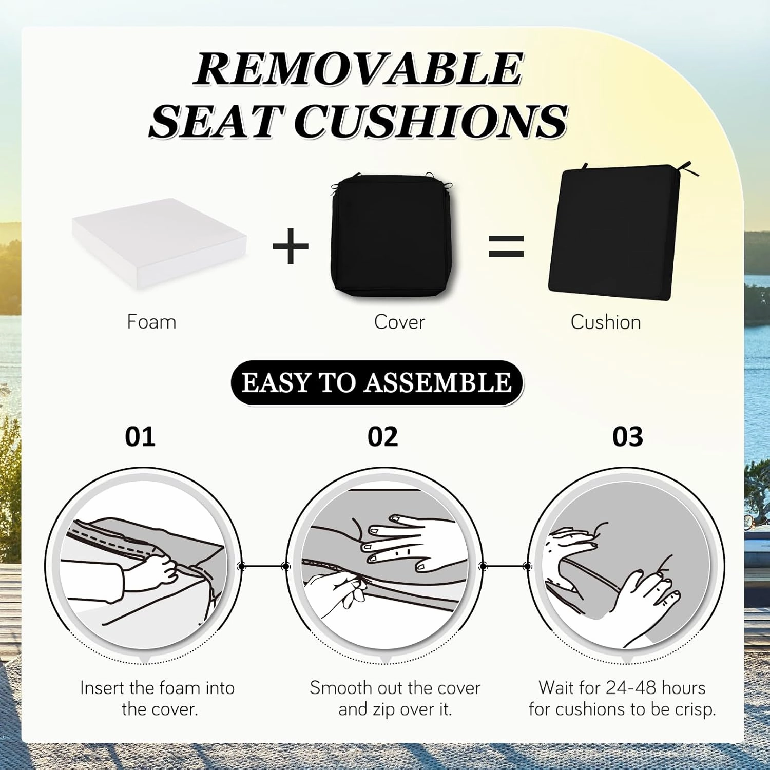 Waterproof Outdoor Chair Cushions Set of 2, Square Outdoor Seat Cushions with Ties and Removable Covers, 24 x 24 Outdoor Cushions for Patio Furniture with Portable Handle(Black)