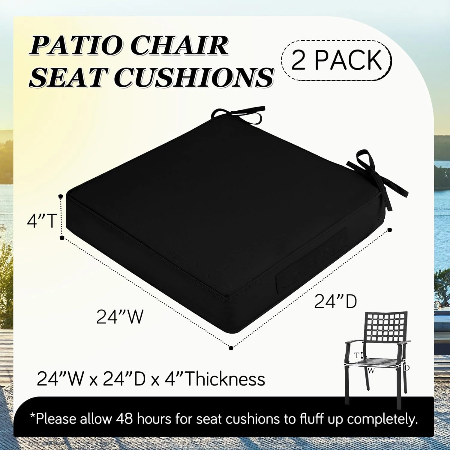 Waterproof Outdoor Chair Cushions Set of 2, Square Outdoor Seat Cushions with Ties and Removable Covers, 24 x 24 Outdoor Cushions for Patio Furniture with Portable Handle(Black)
