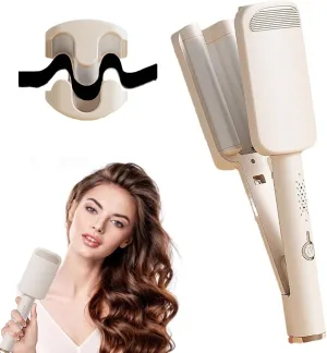 Waver Curling Iron Hair Crimper, Ionic Deep Waver Hair Curler Tool with Ceramic 3 Barrel, Fast Heating, Anti-Scald, Dual Voltage, 4 Temp Adjustable Curling Wand for Short and Long Hair (Beige)