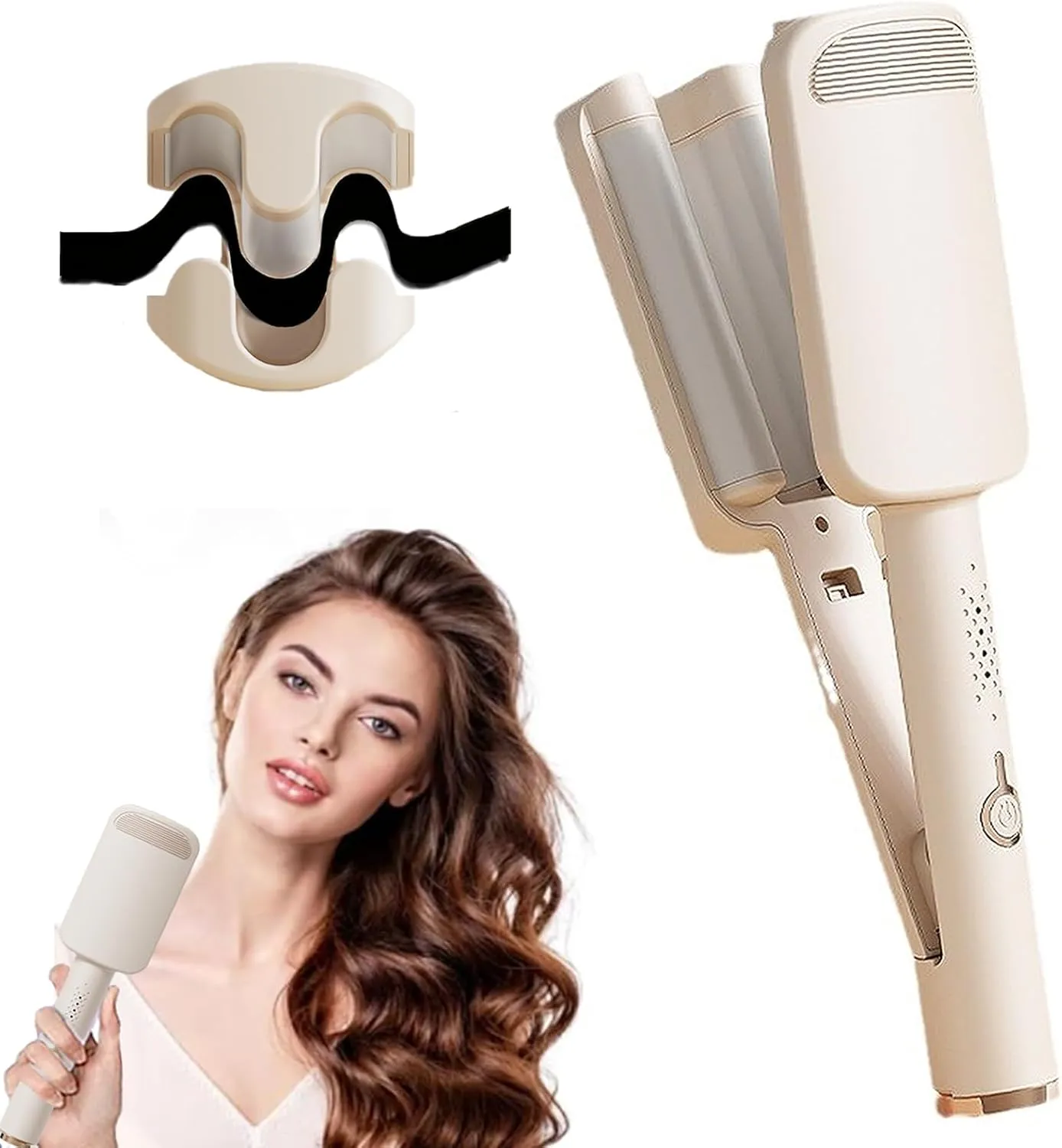 Waver Curling Iron Hair Crimper, Ionic Deep Waver Hair Curler Tool with Ceramic 3 Barrel, Fast Heating, Anti-Scald, Dual Voltage, 4 Temp Adjustable Curling Wand for Short and Long Hair (Beige)