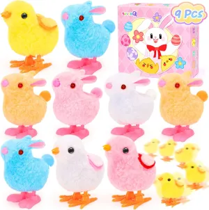 Wind Up Toys for Kids Easter Basket Stuffers, 9Pcs Hopping Bunny Toys and Plush Chicks Jumping Small Fidget Toys for Easter Egg Fillers Goodie Bags Treasure Chest Party Favors Gifts