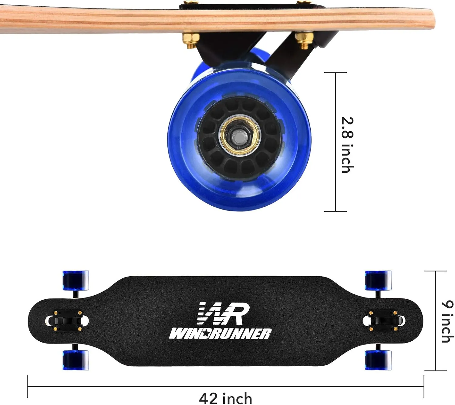 Windrunner 41inch Freeride Longboard Skateboard,8-Ply Natural Maple Drop Through Freestyle Complete Skateboard Cruiser Pintail for Cruising,Carving,Free-Style and Downhill with T-Tool