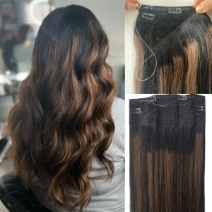 Wire Extensions Black,Balayage Hair Extensions, Human Hair Wire Extensions, 14Inch 70g Balayage Natural Black to Chestnut Brown Highlighted Clip in Hair Extensions Natural Straight Real Human Hair Extensions with Invisible Fish Line