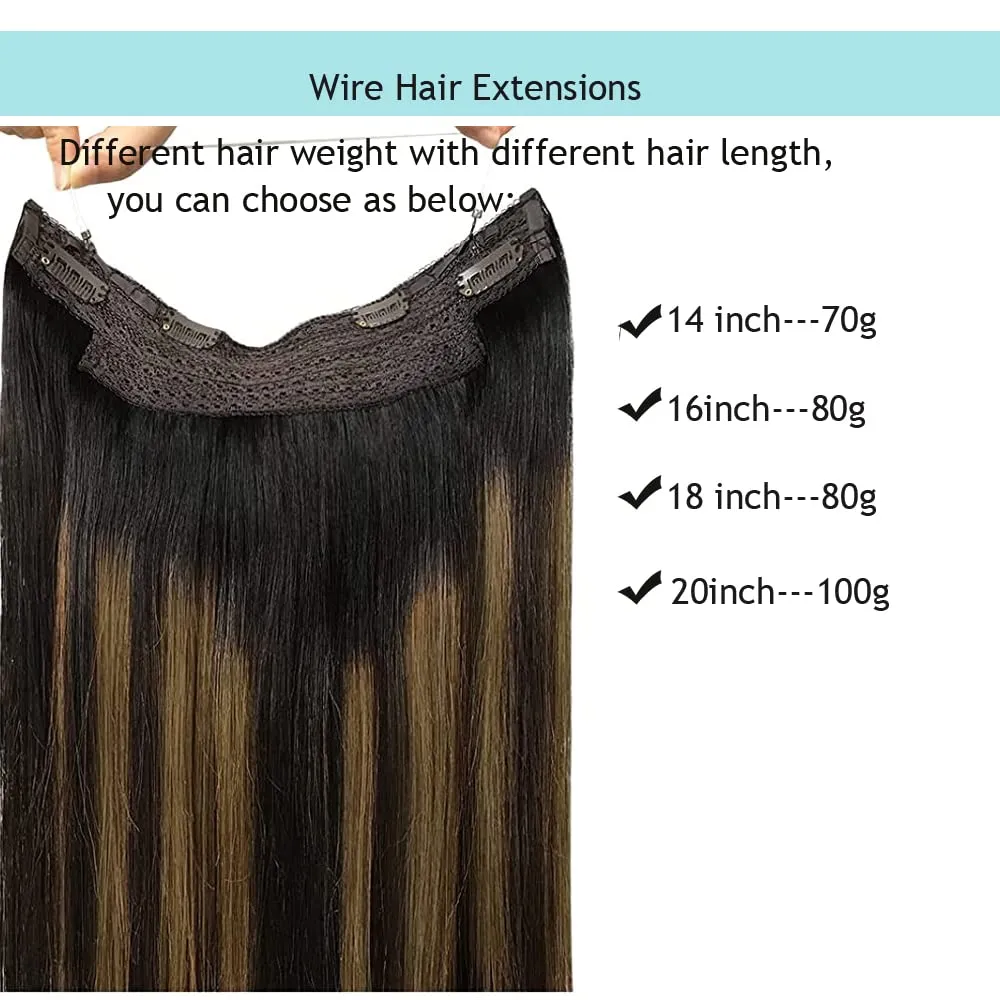 Wire Extensions Black,Balayage Hair Extensions, Human Hair Wire Extensions, 14Inch 70g Balayage Natural Black to Chestnut Brown Highlighted Clip in Hair Extensions Natural Straight Real Human Hair Extensions with Invisible Fish Line