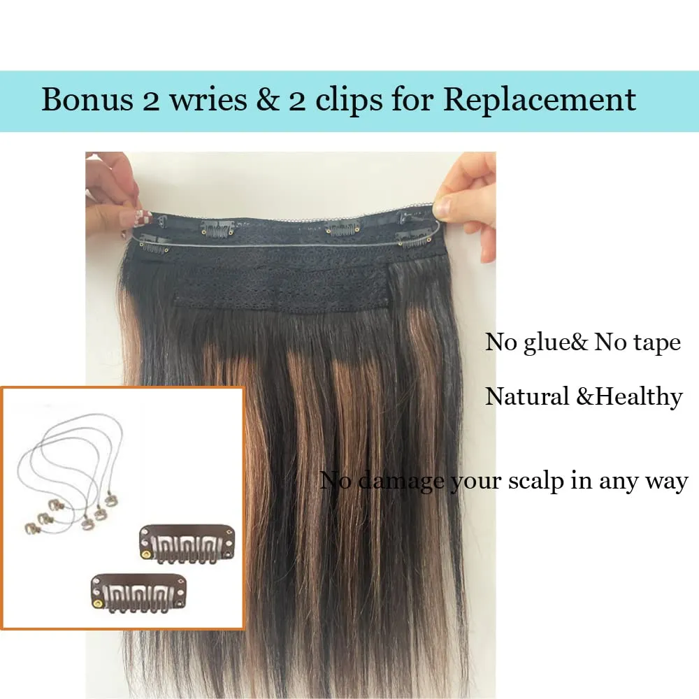 Wire Extensions Black,Balayage Hair Extensions, Human Hair Wire Extensions, 14Inch 70g Balayage Natural Black to Chestnut Brown Highlighted Clip in Hair Extensions Natural Straight Real Human Hair Extensions with Invisible Fish Line