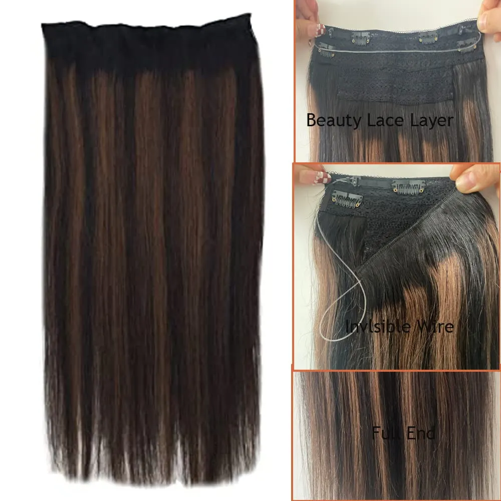 Wire Extensions Black,Balayage Hair Extensions, Human Hair Wire Extensions, 14Inch 70g Balayage Natural Black to Chestnut Brown Highlighted Clip in Hair Extensions Natural Straight Real Human Hair Extensions with Invisible Fish Line