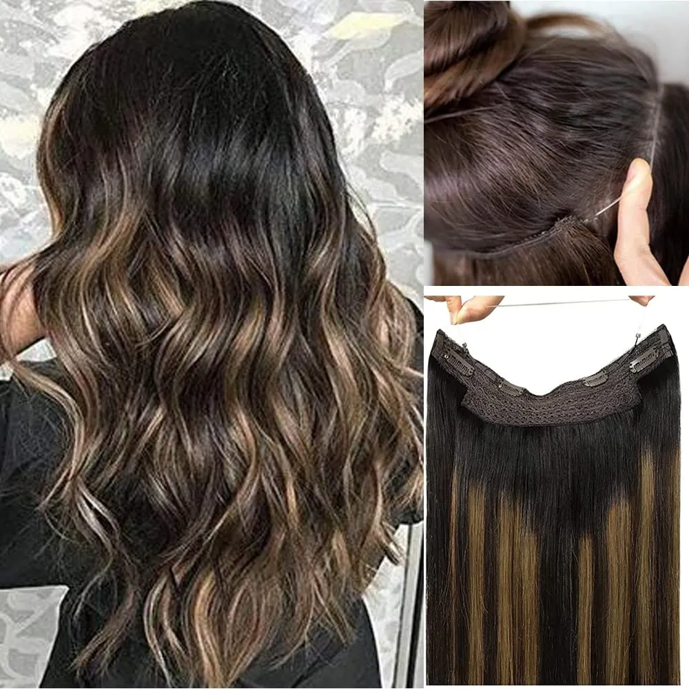 Wire Extensions Black,Balayage Hair Extensions, Human Hair Wire Extensions, 14Inch 70g Balayage Natural Black to Chestnut Brown Highlighted Clip in Hair Extensions Natural Straight Real Human Hair Extensions with Invisible Fish Line