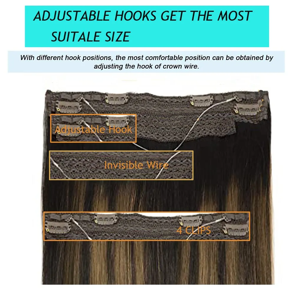 Wire Extensions Black,Balayage Hair Extensions, Human Hair Wire Extensions, 14Inch 70g Balayage Natural Black to Chestnut Brown Highlighted Clip in Hair Extensions Natural Straight Real Human Hair Extensions with Invisible Fish Line