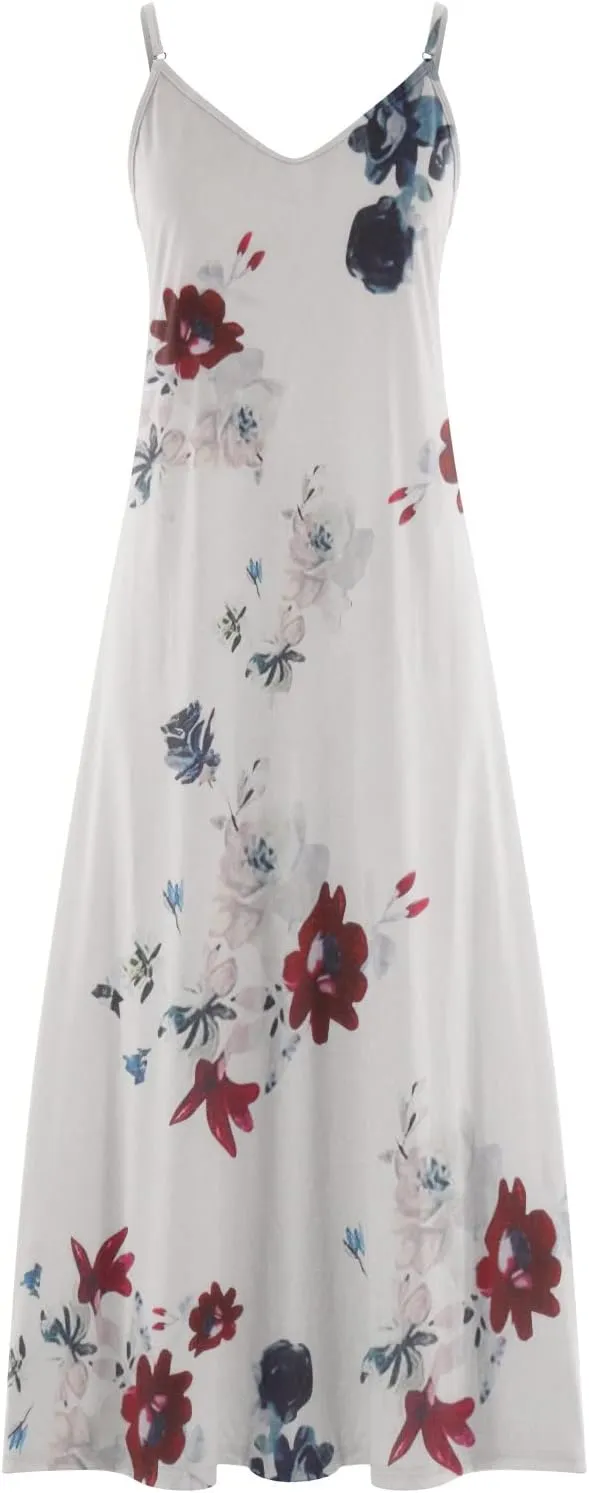 Women Spaghetti Strap Vintage Maxi Dresses Boho Floral Print Sun Dresses Loose Fit Casual Beach Dress