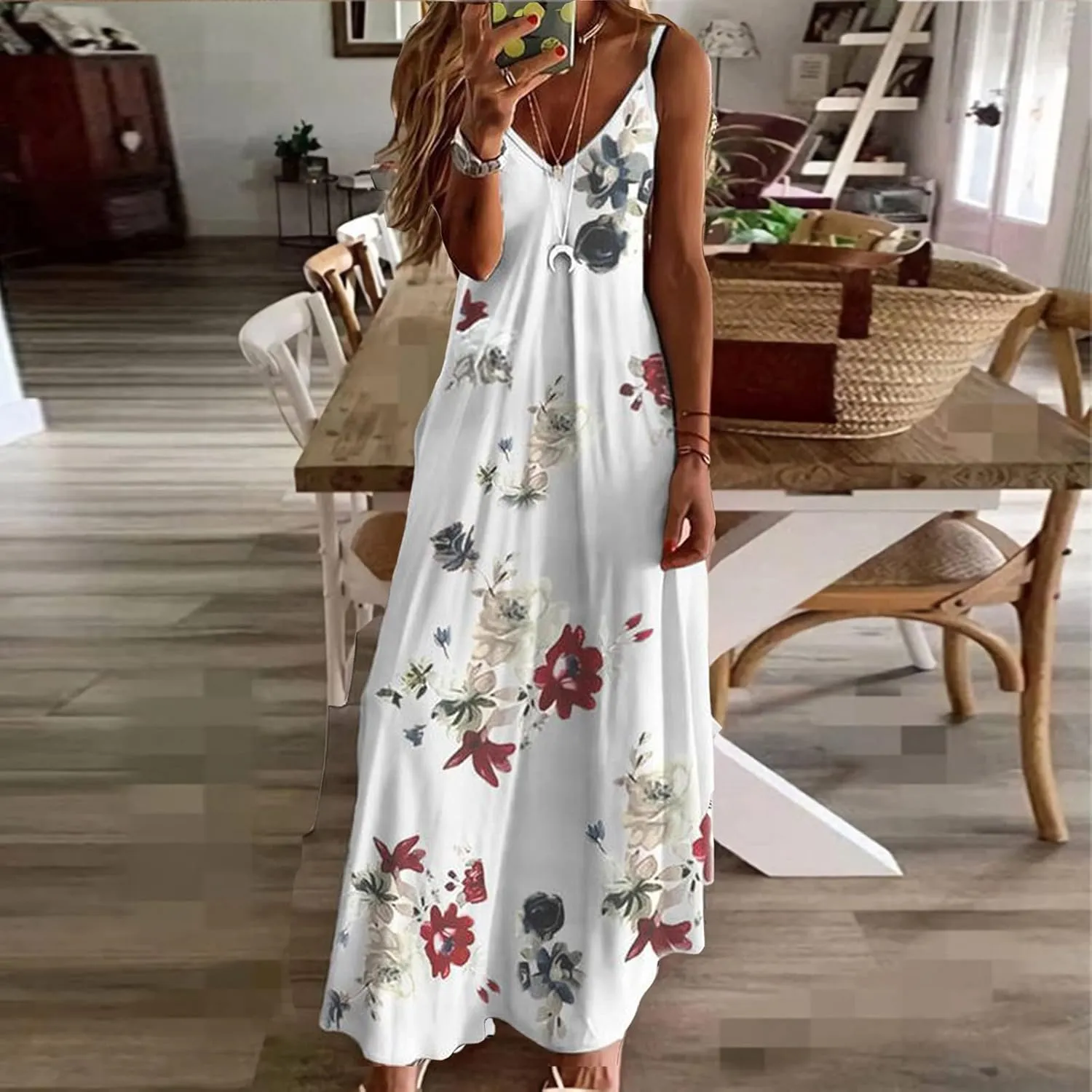 Women Spaghetti Strap Vintage Maxi Dresses Boho Floral Print Sun Dresses Loose Fit Casual Beach Dress