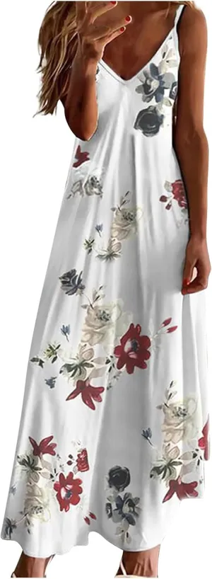 Women Spaghetti Strap Vintage Maxi Dresses Boho Floral Print Sun Dresses Loose Fit Casual Beach Dress