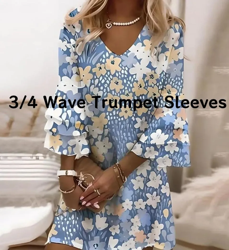 Women's 2025 Summer Dresses Wedding Guest Dress Boho Floral Print Casual V Neck Bell 3/4 Sleeve Flowy Beach Mini Dress