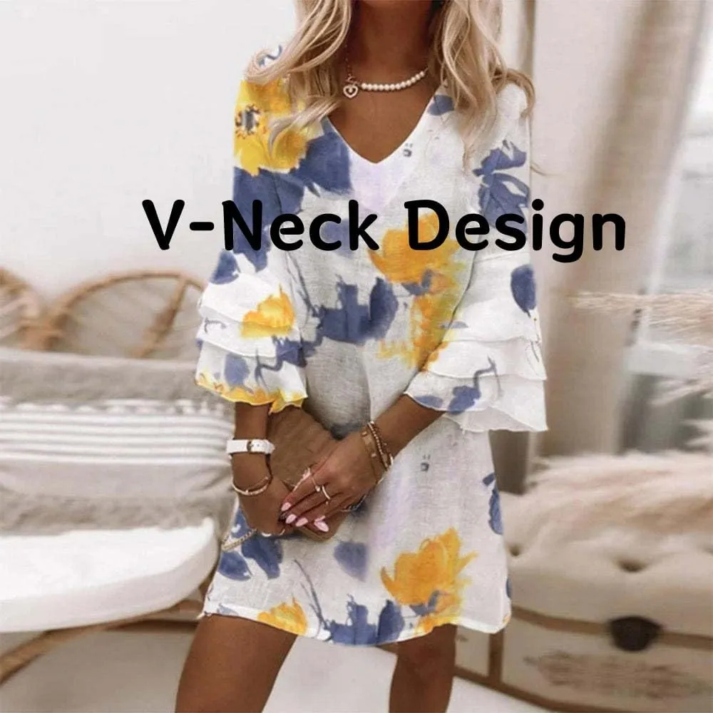 Women's 2025 Summer Dresses Wedding Guest Dress Boho Floral Print Casual V Neck Bell 3/4 Sleeve Flowy Beach Mini Dress