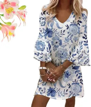 Women's 2025 Summer Dresses Wedding Guest Dress Boho Floral Print Casual V Neck Bell 3/4 Sleeve Flowy Beach Mini Dress