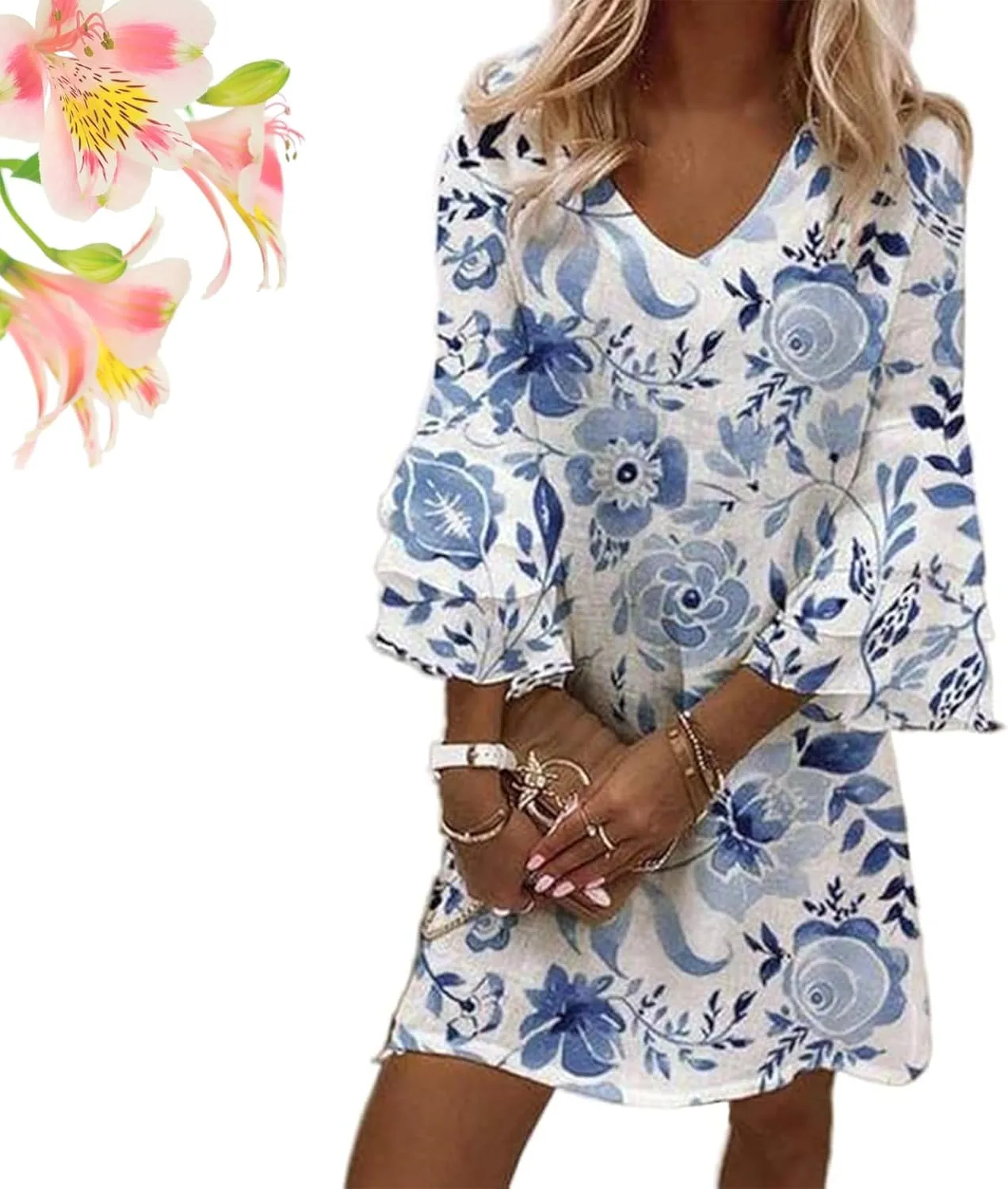 Women's 2025 Summer Dresses Wedding Guest Dress Boho Floral Print Casual V Neck Bell 3/4 Sleeve Flowy Beach Mini Dress