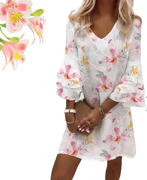 Women's 2025 Summer Dresses Wedding Guest Dress Boho Floral Print Casual V Neck Bell 3/4 Sleeve Flowy Beach Mini Dress