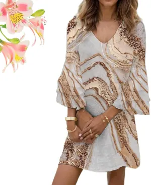 Women's 2025 Summer Dresses Wedding Guest Dress Boho Floral Print Casual V Neck Bell 3/4 Sleeve Flowy Beach Mini Dress